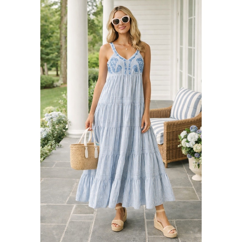 Ro's Garden Women's Tiered Striped Maxi Dress‎ Embroidered V-Neck Blue- Size XS